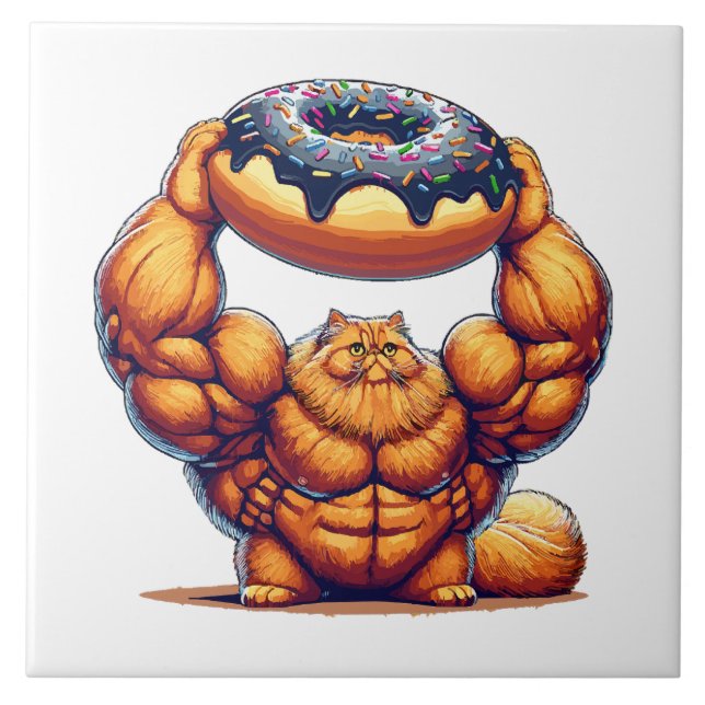 Carreau Chat Musclé Soulevant un Beignet (Devant)