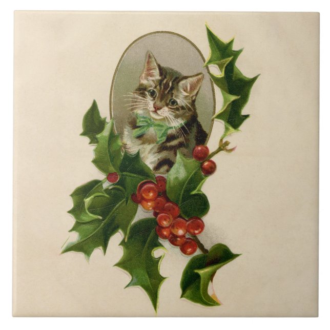 Carreau Chat Noël Joyau Holly Kitten Art antique (Devant)