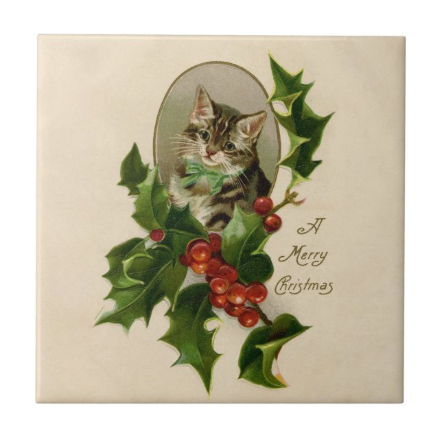 Carreau Chat Noël Joyau Holly Kitten Art antique (Devant)