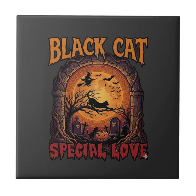 Carreau Chat Noir Amour Spécial Halloween Lune Sorcière Ci (Devant)
