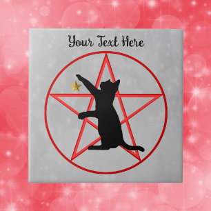 Carreau Chat noir assis étoile dorée sur pentagramme rouge