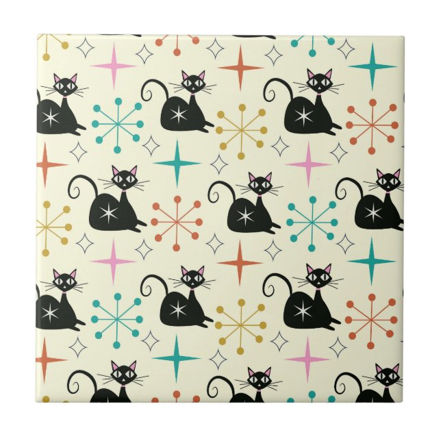 Carreau Chat noir atomique du milieu du siècle avec des ex (Devant)