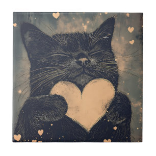 Carreau Chat noir au coeur d'or - Amour cosy du chat