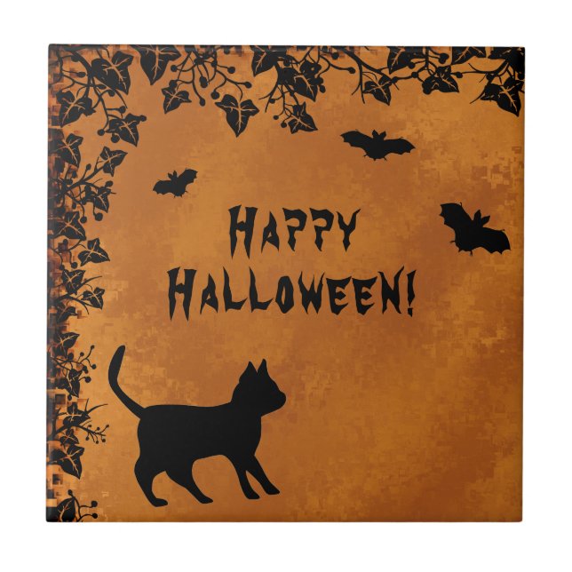 Carreau Chat noir avec chauve-souris, Happy Halloween (Devant)