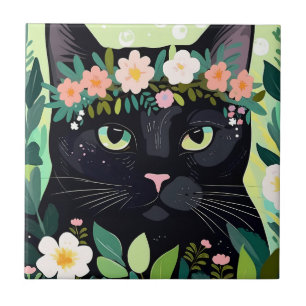 Carreau Chat noir avec couronne florale