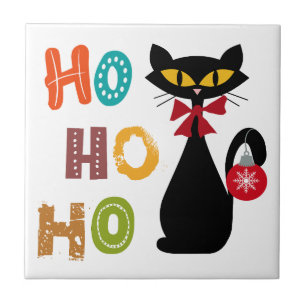 Carreau Chat noir avec design de texte Ho Ho Ho