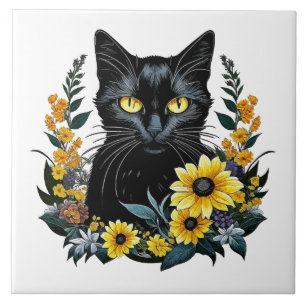 Carreau chat noir avec fleurs