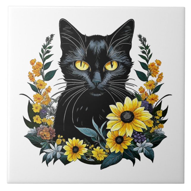 Carreau chat noir avec fleurs (Devant)