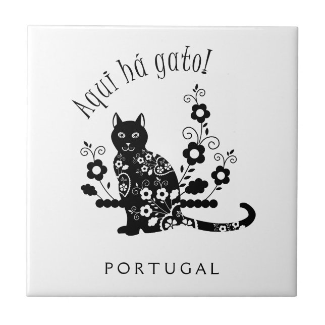 Carreau Chat noir avec fleurs et expression portugaise (Devant)