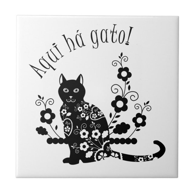 Carreau Chat noir avec fleurs et expression portugaise (Devant)
