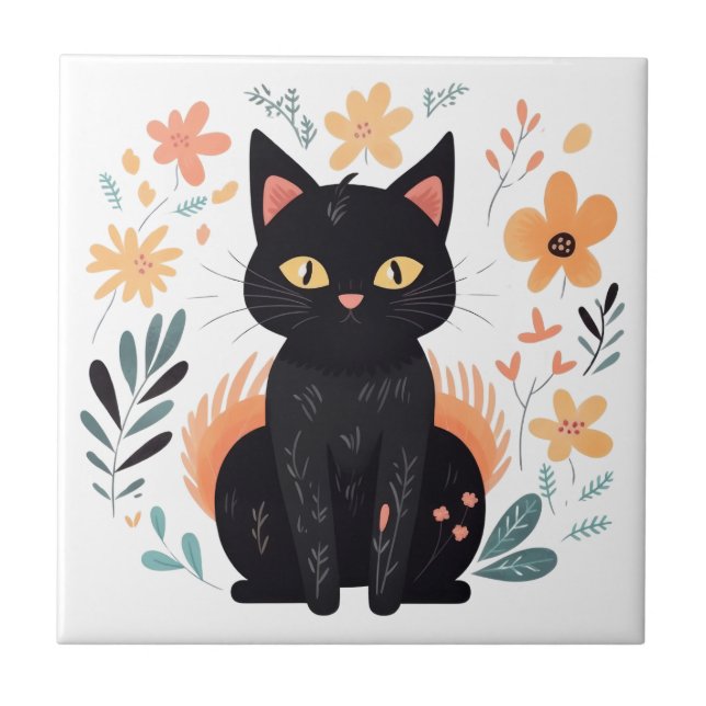 Carreau Chat noir Boho Art populaire scandinave (Devant)