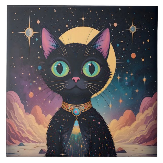 Carreau Chat noir cosmique futuriste atomique au clair de  (Devant)