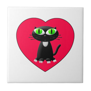 Carreau Chat noir dans le coeur rouge