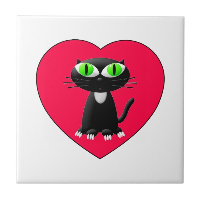 Carreau Chat noir dans le coeur rouge (Devant)
