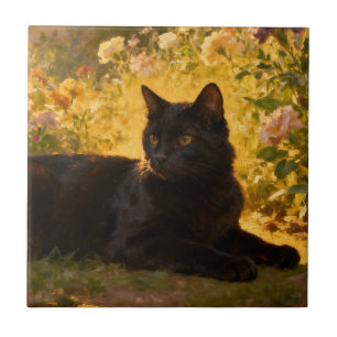 Carreau Chat Noir dans les Fleurs I