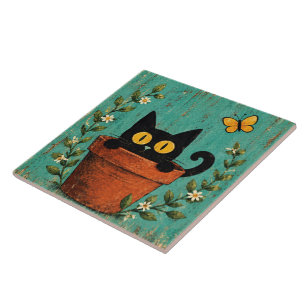 Carreau Chat noir dans un pot de fleurs Carrelage en céram