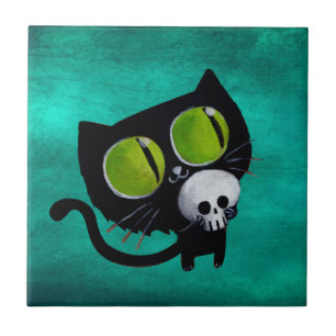 Carreau Chat noir de Halloween avec le crâne