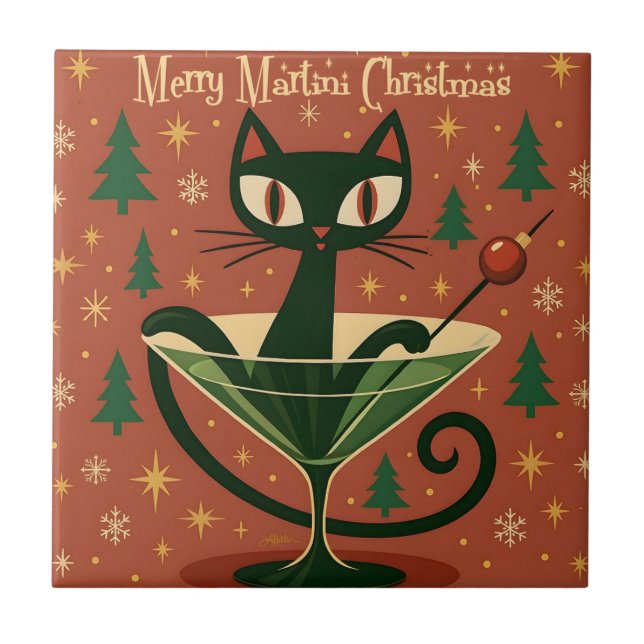 Carreau Chat Noir de la mi-siècle Merry Martini Noël (Devant)