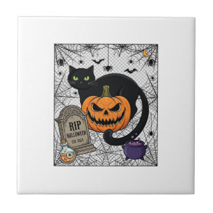 Carreau Chat noir de l'Halloween déchiré Citrouille Pierre