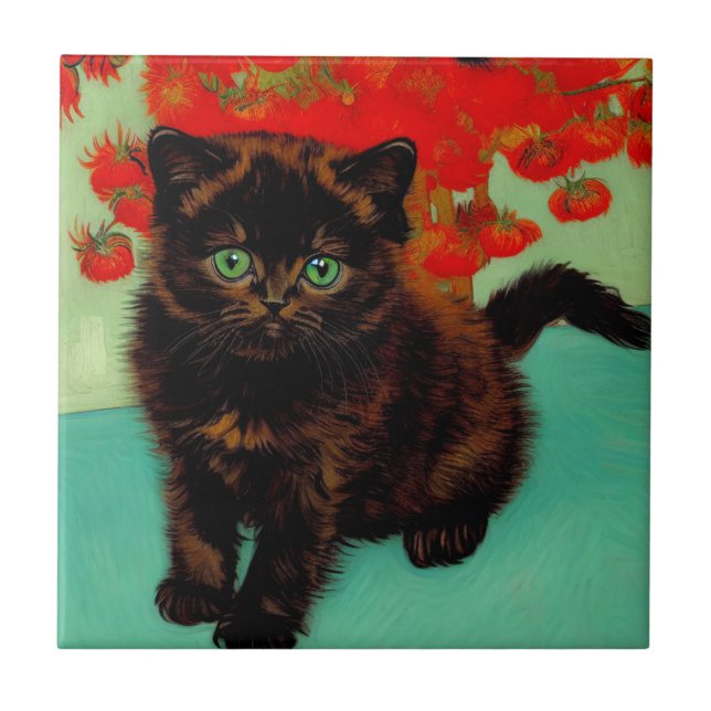 Carreau Chat noir de Van Gogh Fleurs rouges (Devant)
