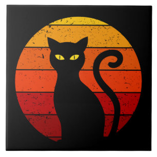 Carreau Chat noir d'Halloween au coucher du soleil rétro v