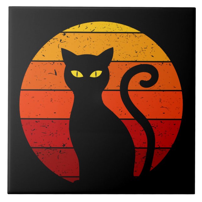 Carreau Chat noir d'Halloween au coucher du soleil rétro v (Devant)