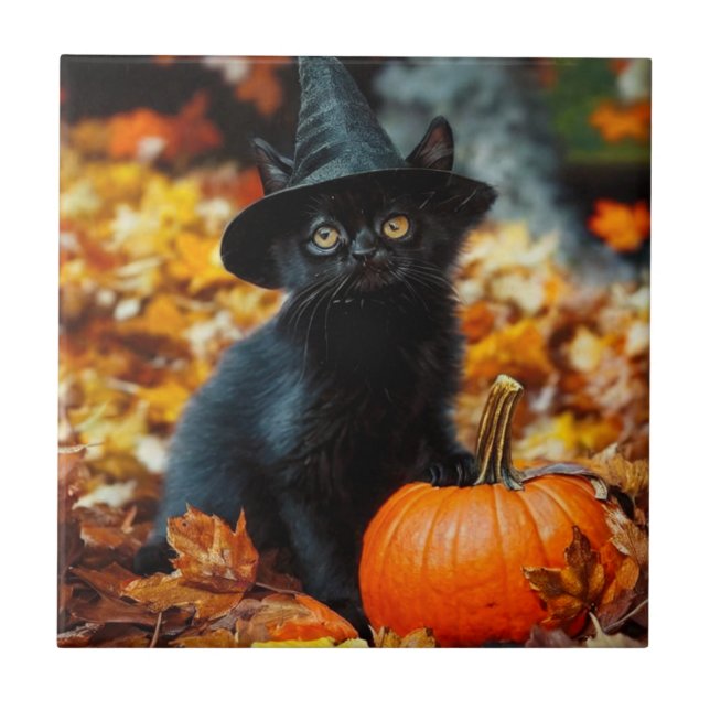 Carreau Chat noir d'Halloween et Citrouille (Devant)