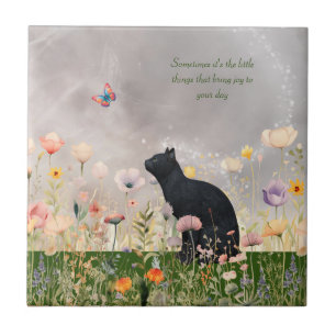 Carreau Chat noir en fleurs