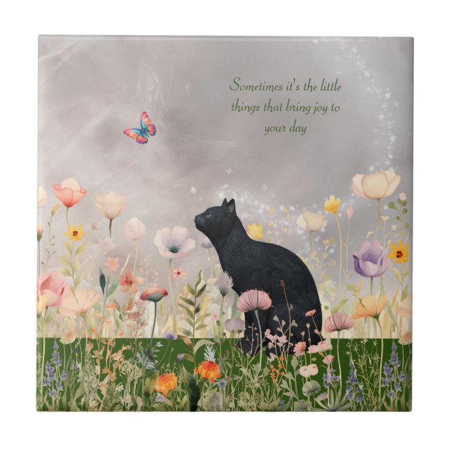 Carreau Chat noir en fleurs (Devant)
