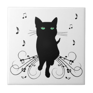 Carreau Chat noir entouré de notes de musique chuchotantes