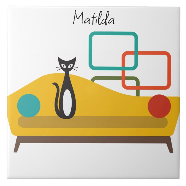 Carreau Chat noir et blanc du milieu du siècle sur le cana (Devant)