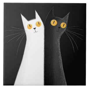 Carreau Chat noir et chats blancs sur fond noir