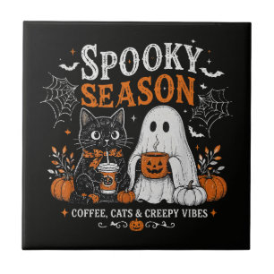 Carreau Chat noir et fantôme amateur de café Halloween drô