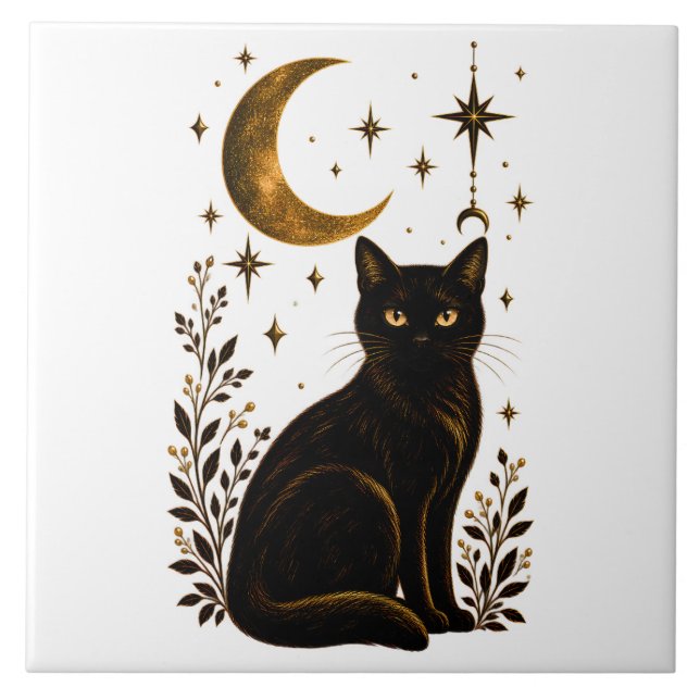 Carreau Chat noir gothique Lune céleste Botanique (Devant)