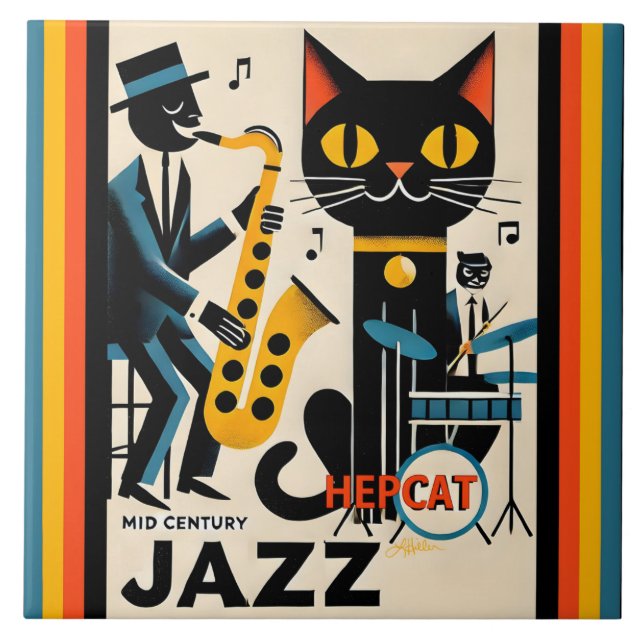 Carreau Chat Noir HepCat d'Ère du Jazz Milieu du Siècle (Devant)