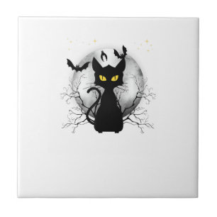 Carreau Chat noir pleine lune chauves-souris et nuit étoil