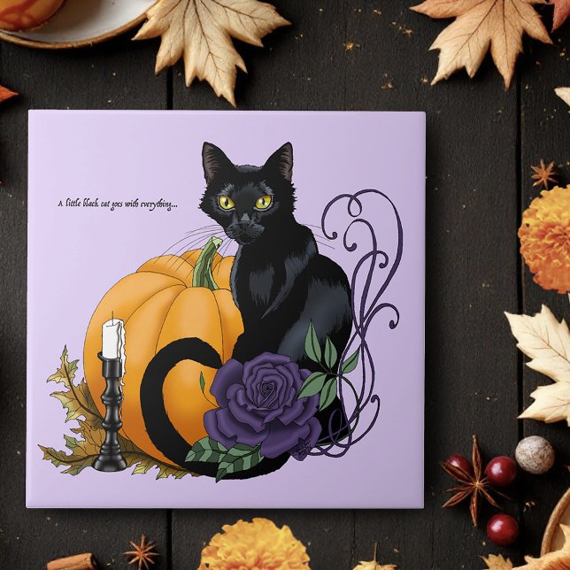 Carreau Chat Noir Rose Pourpre Citrouille Automne (Créateur téléchargé)