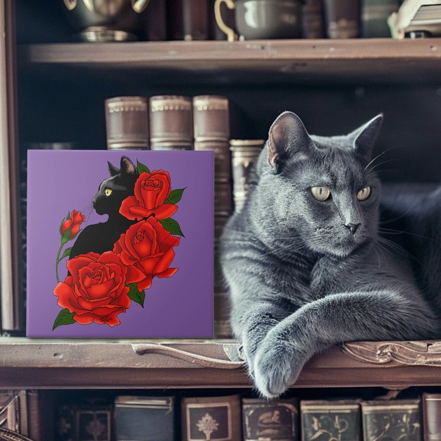 Carreau Chat noir Roses rouges pourpres (Créateur téléchargé)