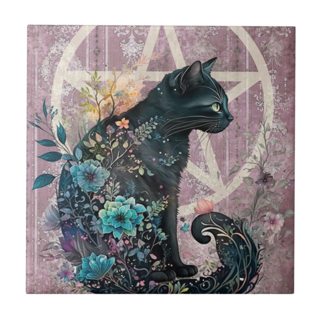 Carreau Chat noir saisissant Fleurs de pentacle aux tons d (Devant)
