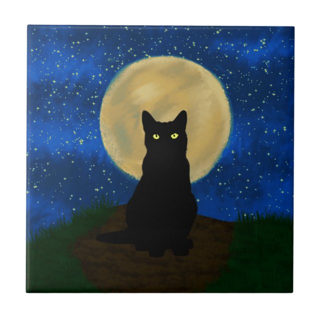 Carreau Chat noir silhouette de Halloween au clair de lune (Devant)