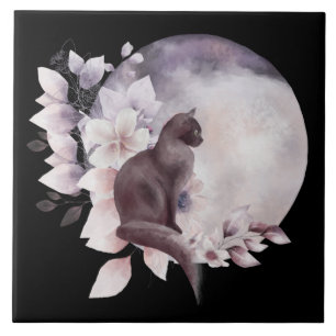 Carreau Chat noir sous une pleine lune magique