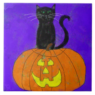 Carreau Chat noir sur l'art d'Halloween Abstrait Citrouill