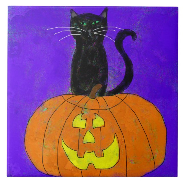 Carreau Chat noir sur l'art d'Halloween Abstrait Citrouill (Devant)