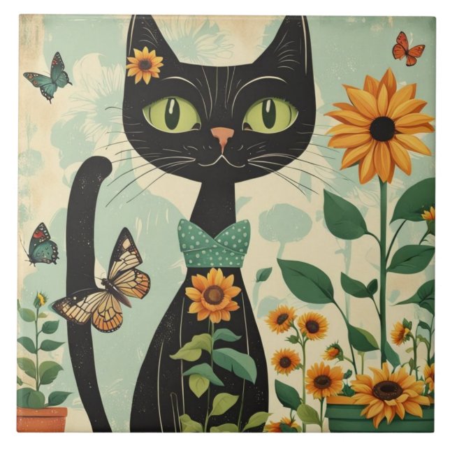 Carreau Chat noir, tournesol, papillons, art natif (Devant)