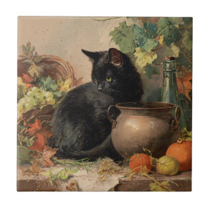 Carreau Chat noir vintage au milieu des fruits d'automne