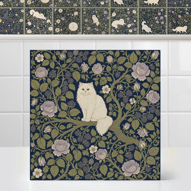 Carreau Chat persan blanc William Morris Branche Bower (Antique Art Nouveau Mural Pattern William Morris White Persian Cat Branch Bower Ceramic Tile)