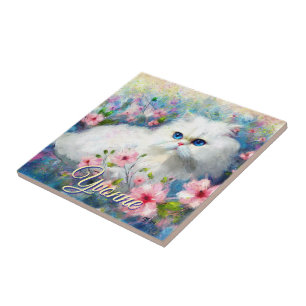 Carreau Chat Persan Yeux Bleus dans des Fleurs Roses Perso