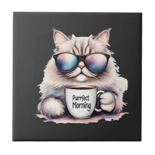 Carreau chat portant des lunettes de soleil et tenant une 