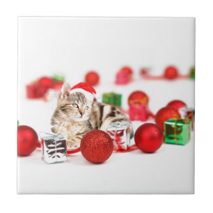 Carreau Chat portant le chapeau rouge du Père Noël
