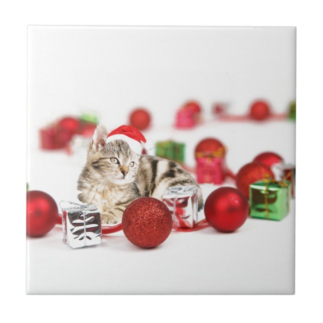 Carreau Chat portant le chapeau rouge du Père Noël (Devant)